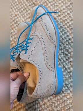 Cole Haan Beige Suede Wingtip‎ Oxfords with Blue Sole and Laces- 00004